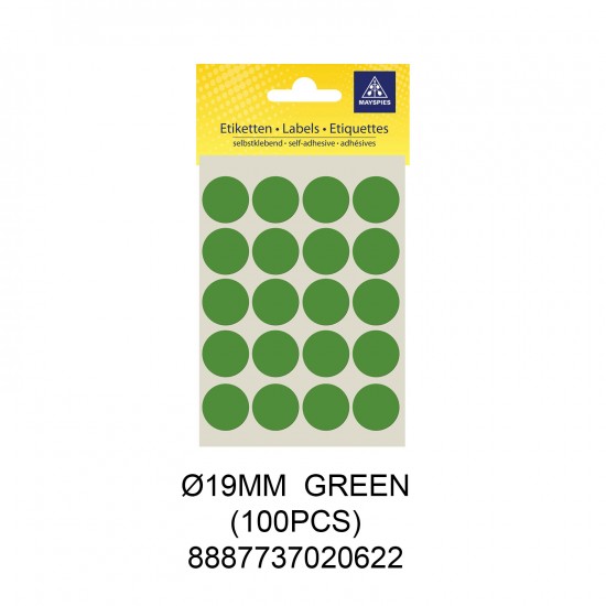 MAYSPIES MS019 COLOUR DOT LABEL / 5 SHEETS/PKT / 100PCS / ROUND 19MM GREEN